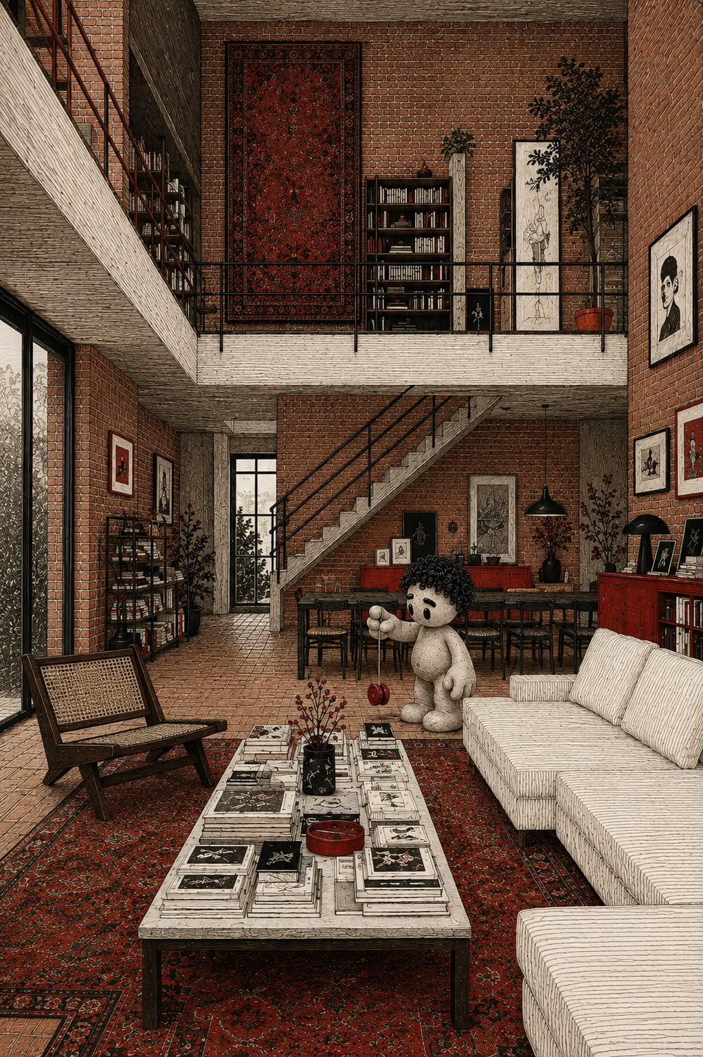 MONO en un interior de ladrillo y arte